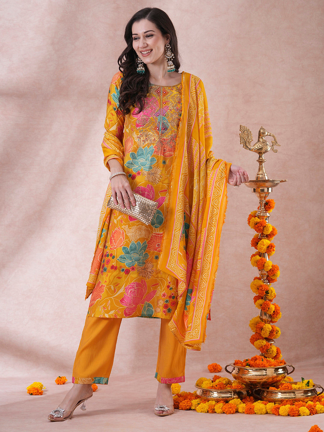 Floral Foil Printed & Embroidered Straight Fit Kurta with Pant & Dupatta - Yellow