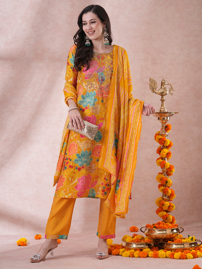 Floral Foil Printed & Embroidered Straight Fit Kurta with Pant & Dupatta - Yellow