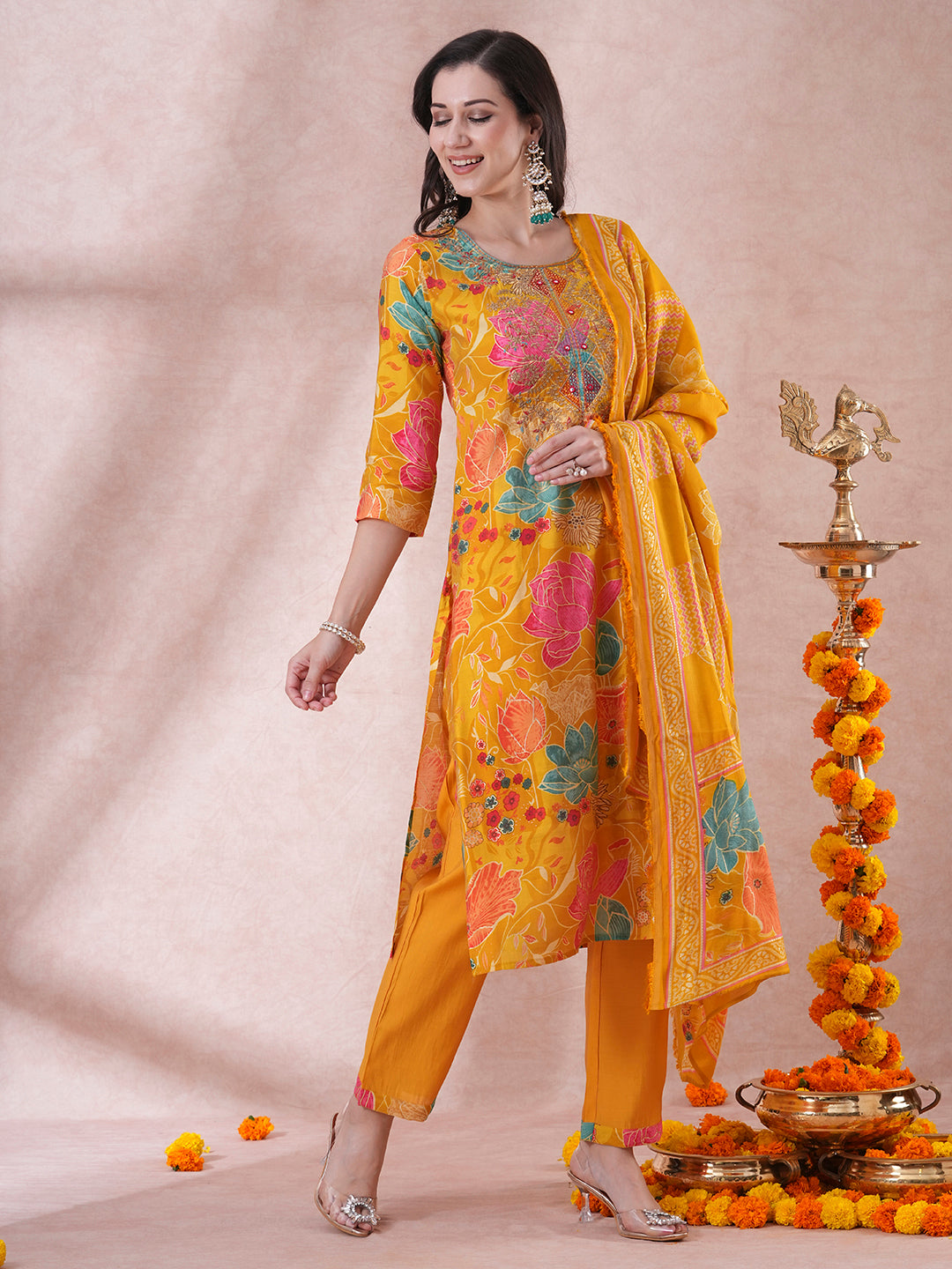 Floral Foil Printed & Embroidered Straight Fit Kurta with Pant & Dupatta - Yellow