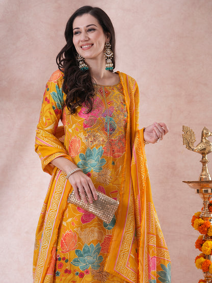 Floral Foil Printed & Embroidered Straight Fit Kurta with Pant & Dupatta - Yellow