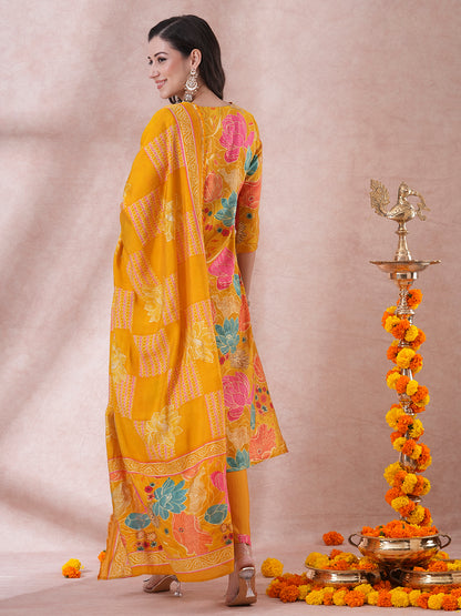 Floral Foil Printed & Embroidered Straight Fit Kurta with Pant & Dupatta - Yellow