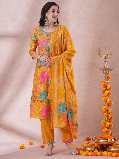 Floral Foil Printed & Embroidered Straight Fit Kurta with Pant & Dupatta - Yellow