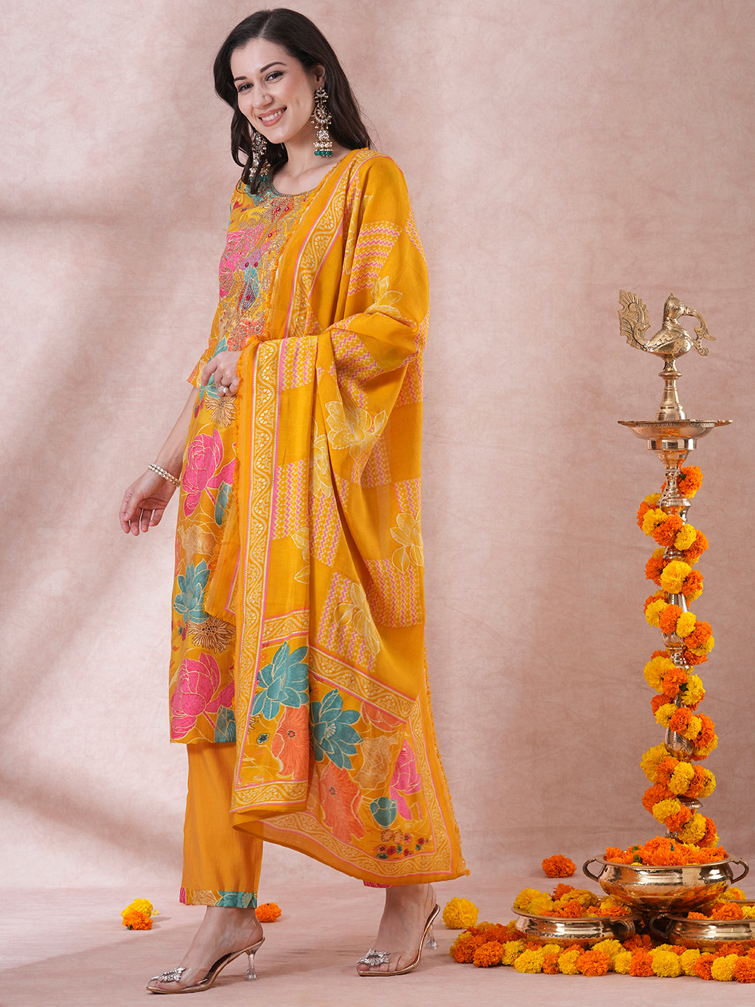 Floral Foil Printed & Embroidered Straight Fit Kurta with Pant & Dupatta - Yellow