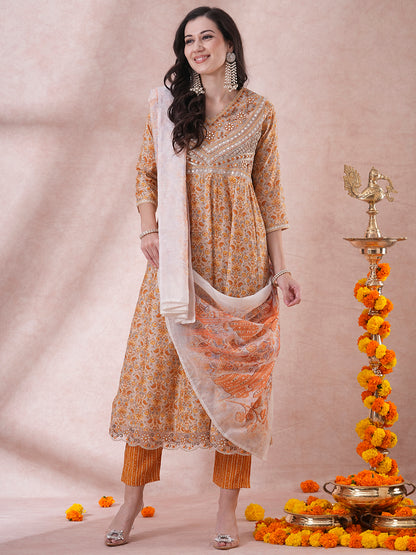 Ethnic Floral Printed & Embroidered Anarkali Kurta with Pant & Dupatta - Yellow