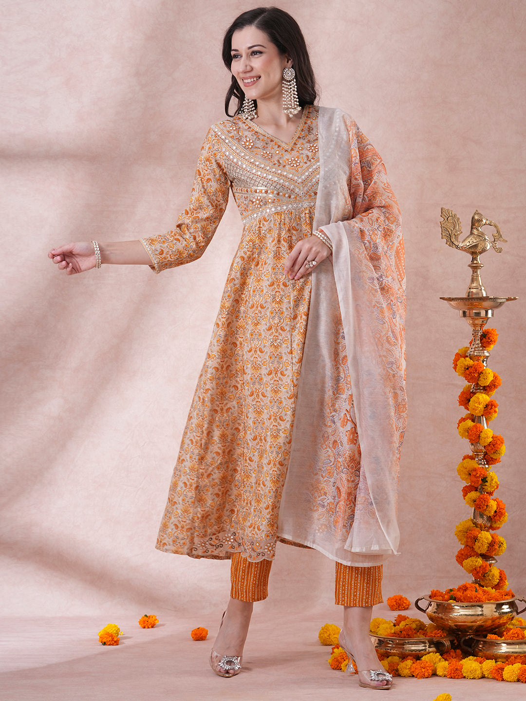 Ethnic Floral Printed & Embroidered Anarkali Kurta with Pant & Dupatta - Yellow