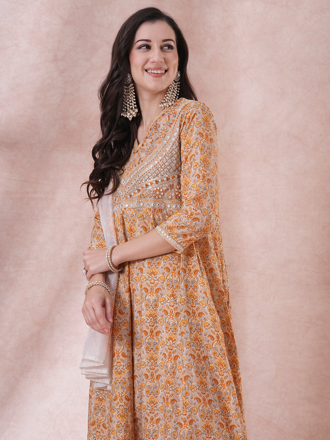 Ethnic Floral Printed & Embroidered Anarkali Kurta with Pant & Dupatta - Yellow