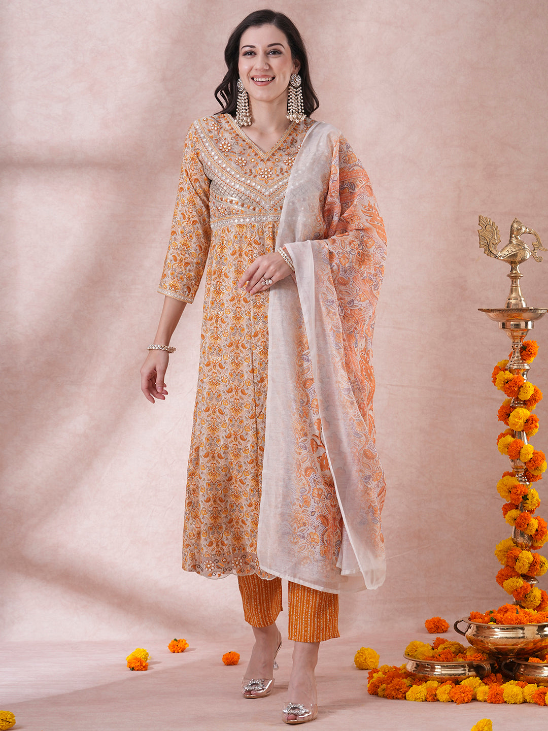 Ethnic Floral Printed & Embroidered Anarkali Kurta with Pant & Dupatta - Yellow