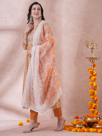 Ethnic Floral Printed & Embroidered Anarkali Kurta with Pant & Dupatta - Yellow