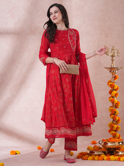 Ethnic Printed & Embroidered Anarkali Kurta with Pant & Dupatta - Red