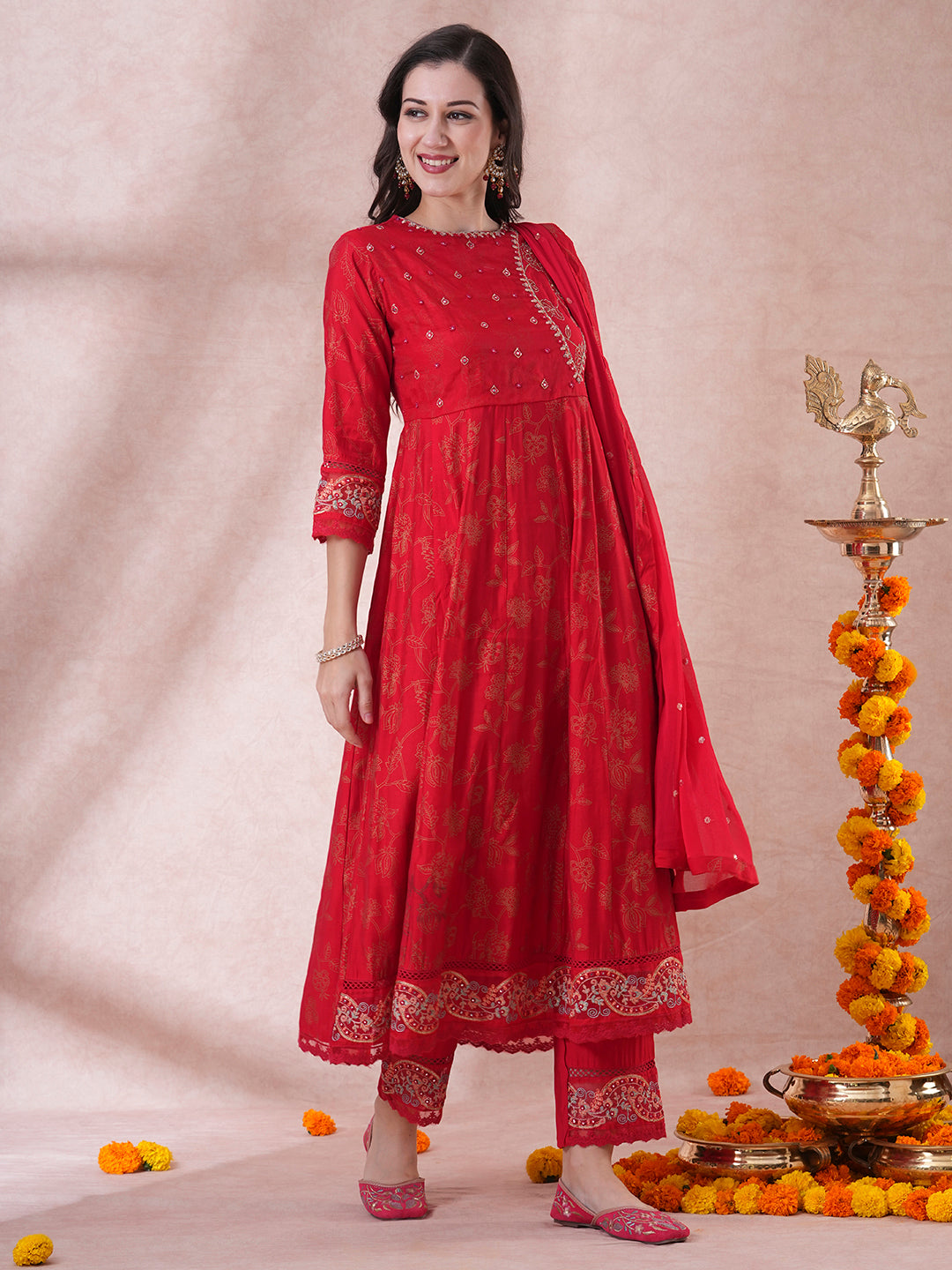 Ethnic Printed & Embroidered Anarkali Kurta with Pant & Dupatta - Red