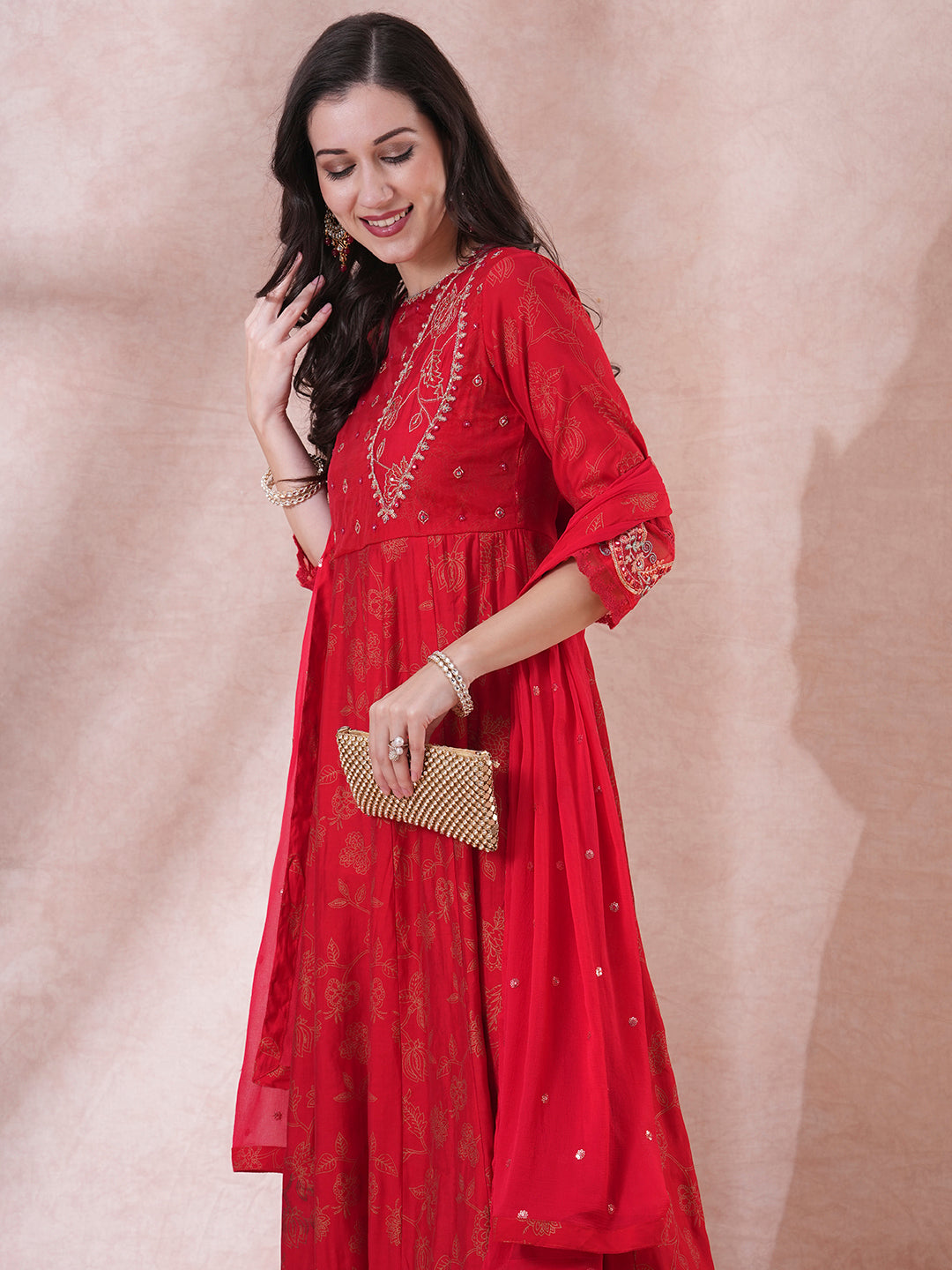 Ethnic Printed & Embroidered Anarkali Kurta with Pant & Dupatta - Red