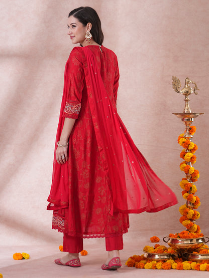 Ethnic Printed & Embroidered Anarkali Kurta with Pant & Dupatta - Red