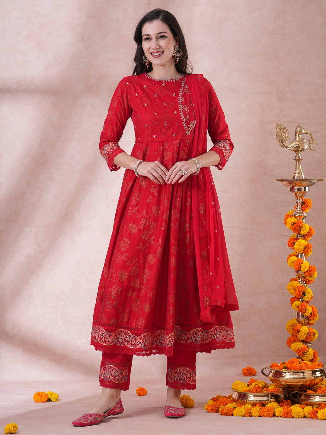 Ethnic Printed & Embroidered Anarkali Kurta with Pant & Dupatta - Red