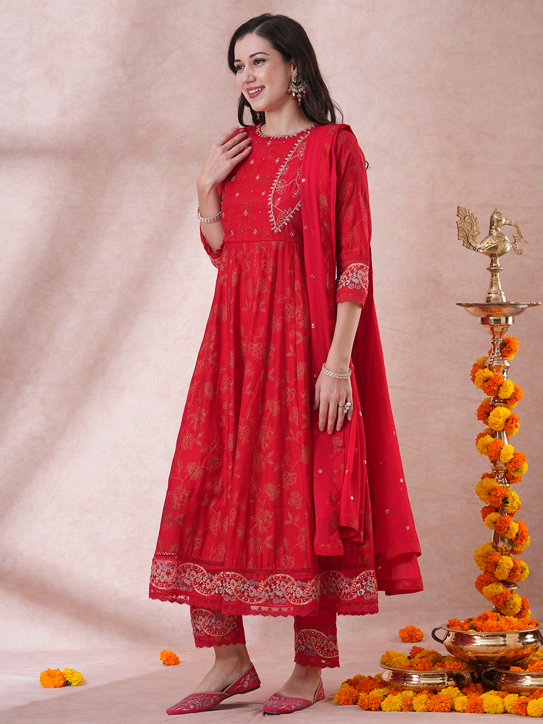 Ethnic Printed & Embroidered Anarkali Kurta with Pant & Dupatta - Red