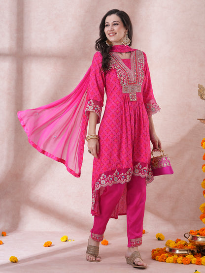 Ethnic Printed & Embroidered A-Line Pleated Kurta with Pant & Dupatta - Pink