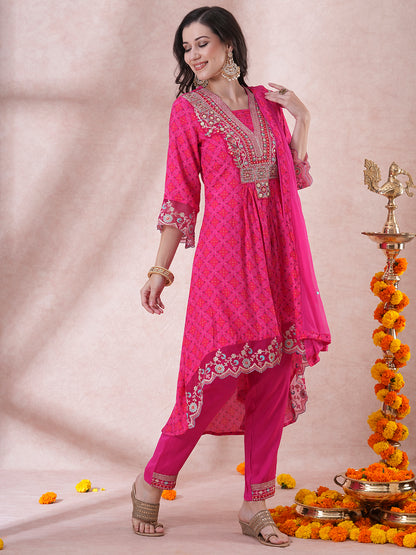 Ethnic Printed & Embroidered A-Line Pleated Kurta with Pant & Dupatta - Pink