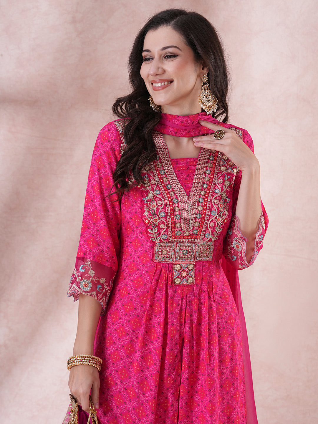 Ethnic Printed & Embroidered A-Line Pleated Kurta with Pant & Dupatta - Pink