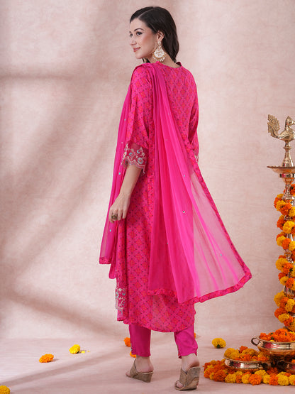 Ethnic Printed & Embroidered A-Line Pleated Kurta with Pant & Dupatta - Pink