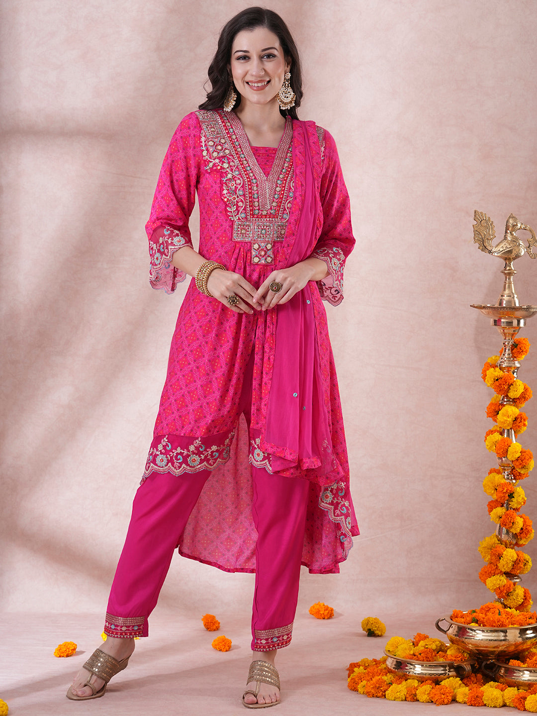 Ethnic Printed & Embroidered A-Line Pleated Kurta with Pant & Dupatta - Pink