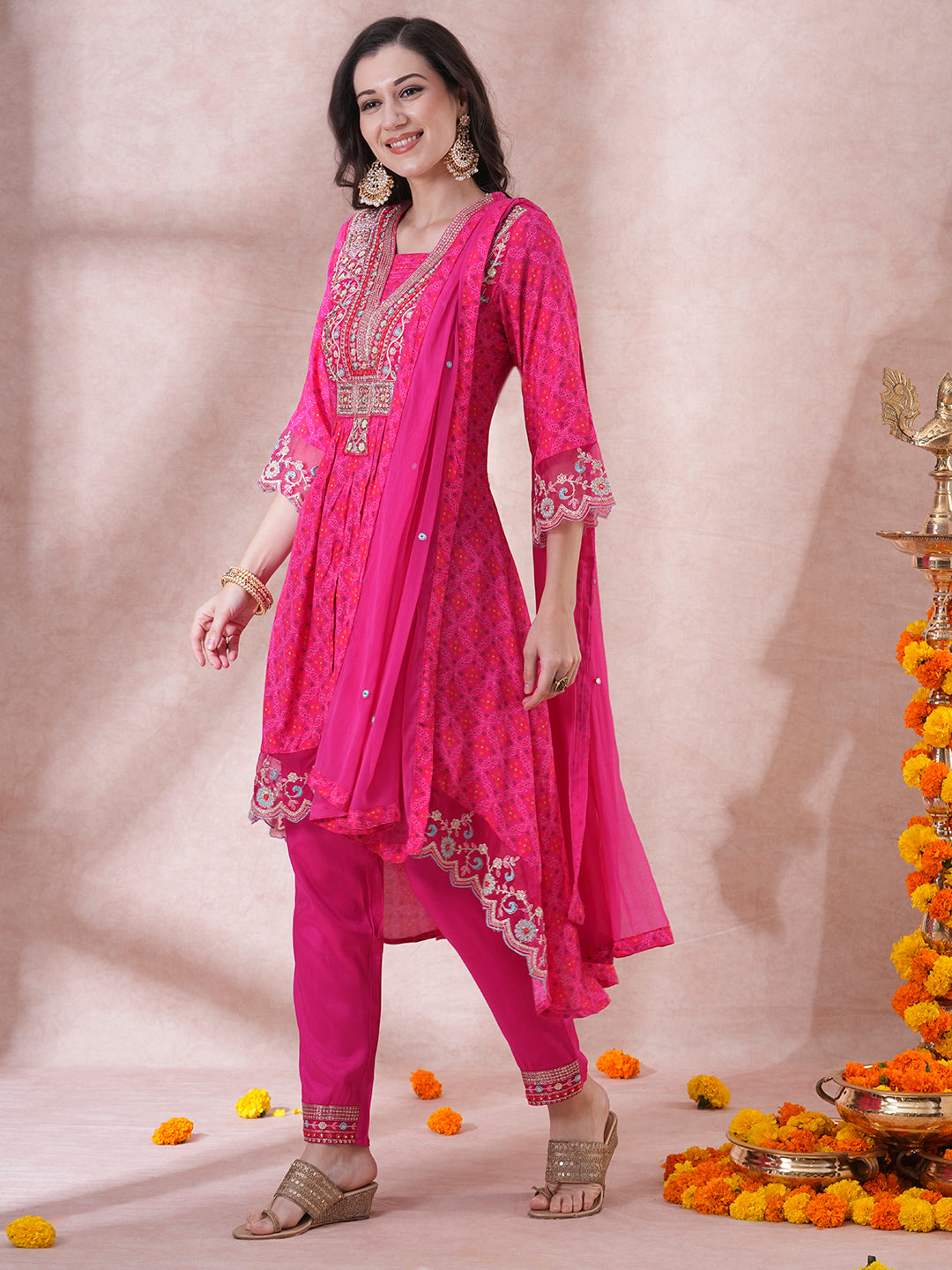 Ethnic Printed & Embroidered A-Line Pleated Kurta with Pant & Dupatta - Pink