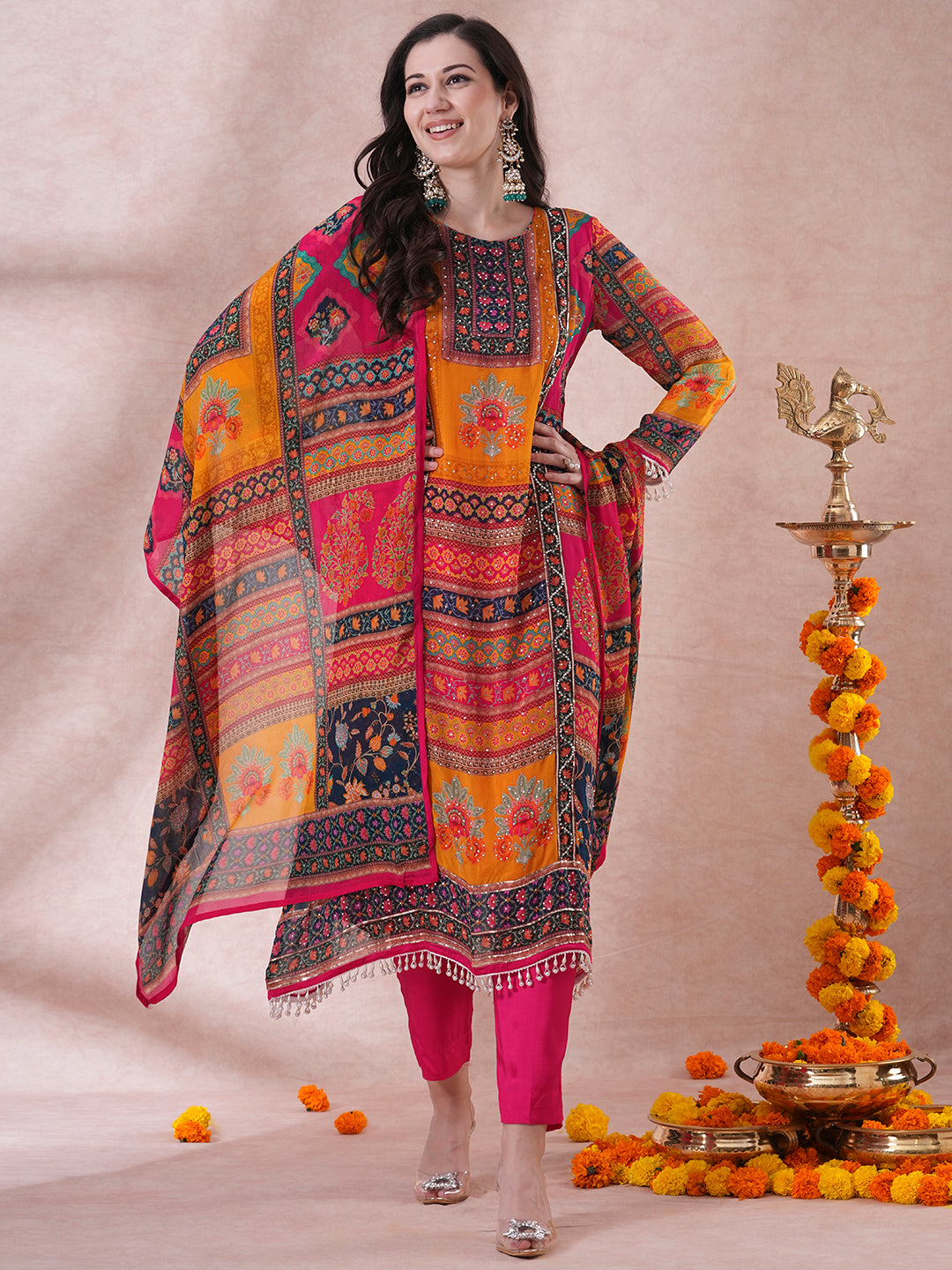 Ethnic Floral Printed & Embroidered A-Line Kurta with Palazzo & Dupatta - Multi