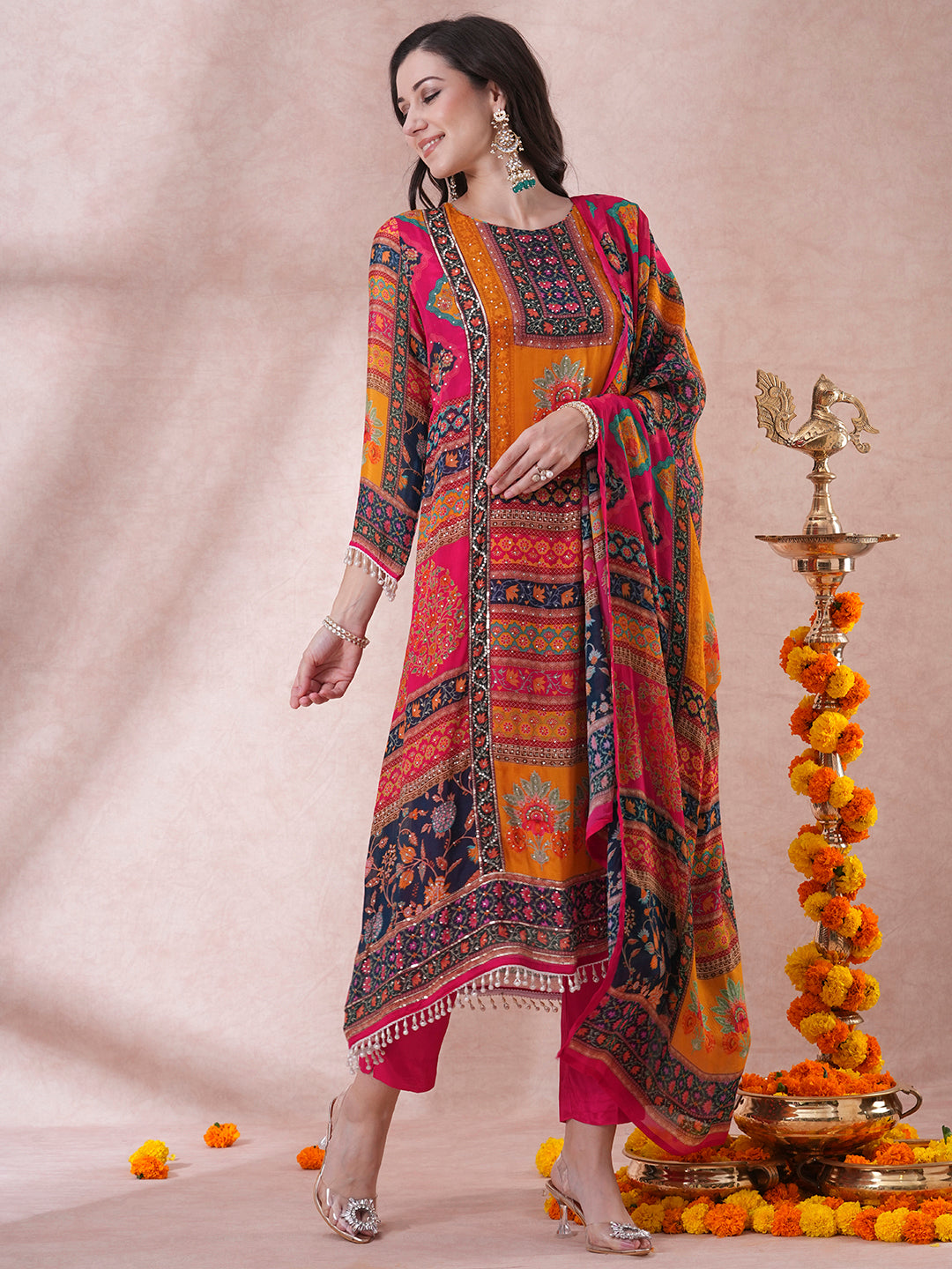 Ethnic Floral Printed & Embroidered A-Line Kurta with Palazzo & Dupatta - Multi