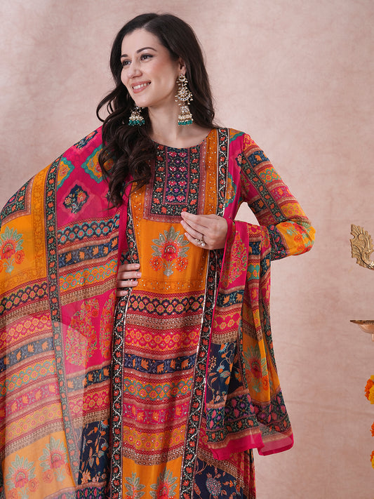 Ethnic Floral Printed & Embroidered A-Line Kurta with Palazzo & Dupatta - Multi