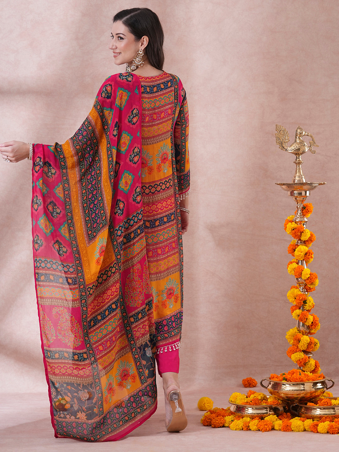 Ethnic Floral Printed & Embroidered A-Line Kurta with Palazzo & Dupatta - Multi