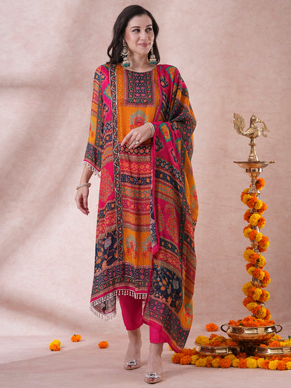 Ethnic Floral Printed & Embroidered A-Line Kurta with Palazzo & Dupatta - Multi