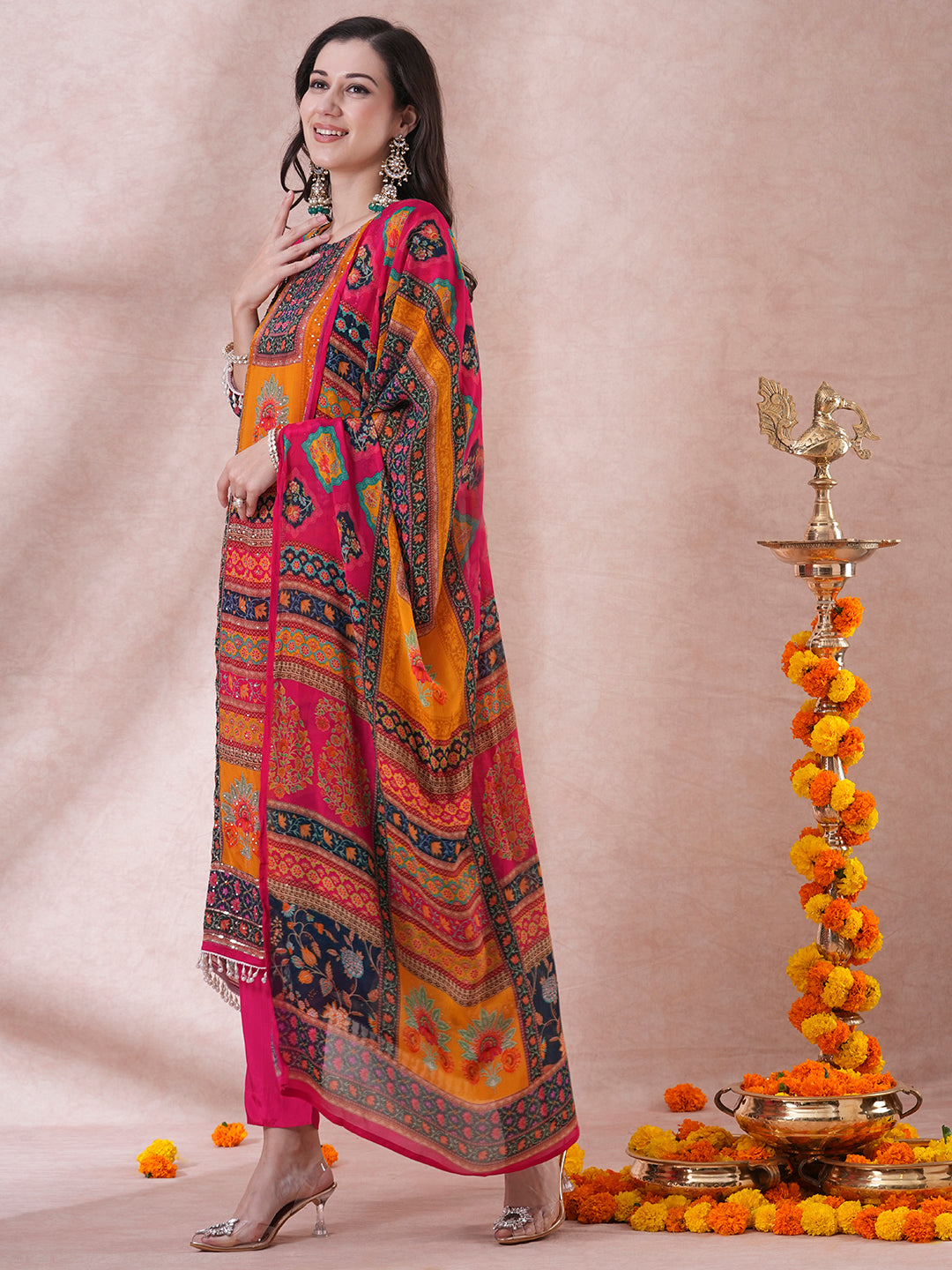 Ethnic Floral Printed & Embroidered A-Line Kurta with Palazzo & Dupatta - Multi