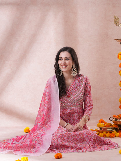 Ethnic Floral Printed & Embroidered Anarkali Kurta with Pant & Dupatta - Pink