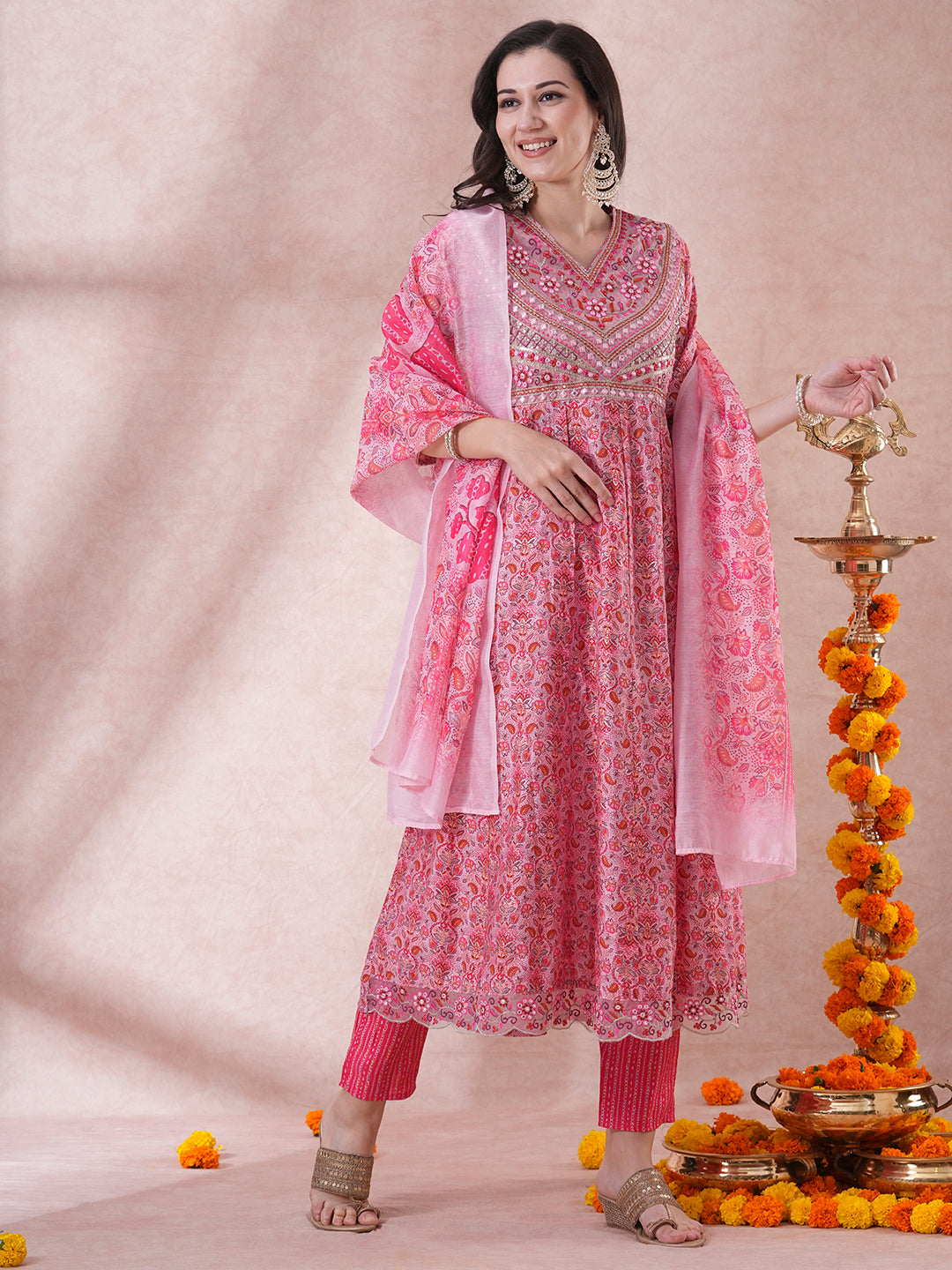 Ethnic Floral Printed & Embroidered Anarkali Kurta with Pant & Dupatta - Pink