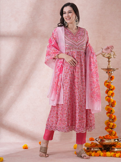 Ethnic Floral Printed & Embroidered Anarkali Kurta with Pant & Dupatta - Pink