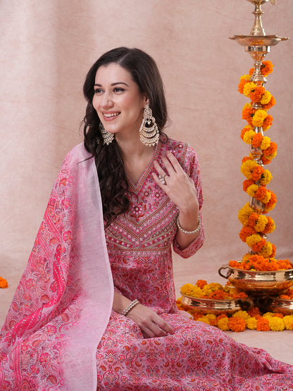 Ethnic Floral Printed & Embroidered Anarkali Kurta with Pant & Dupatta - Pink