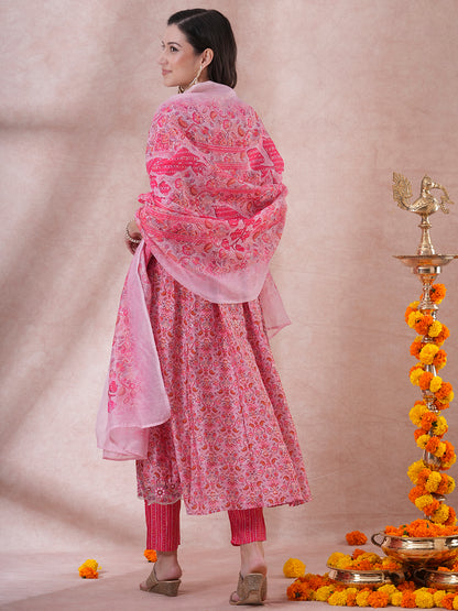 Ethnic Floral Printed & Embroidered Anarkali Kurta with Pant & Dupatta - Pink