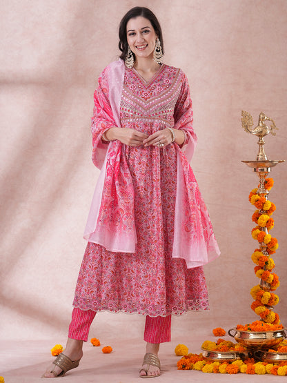 Ethnic Floral Printed & Embroidered Anarkali Kurta with Pant & Dupatta - Pink