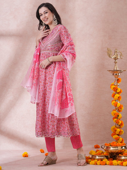 Ethnic Floral Printed & Embroidered Anarkali Kurta with Pant & Dupatta - Pink