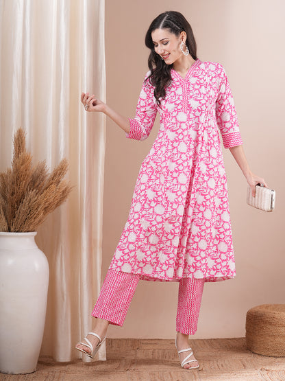 Floral Khari Printed A-Line Pleated Kurta with Pant - Pink