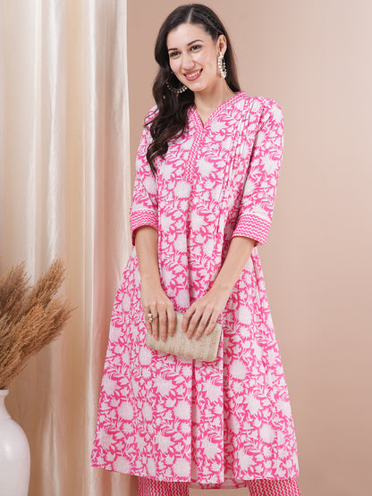 Floral Khari Printed A-Line Pleated Kurta with Pant - Pink