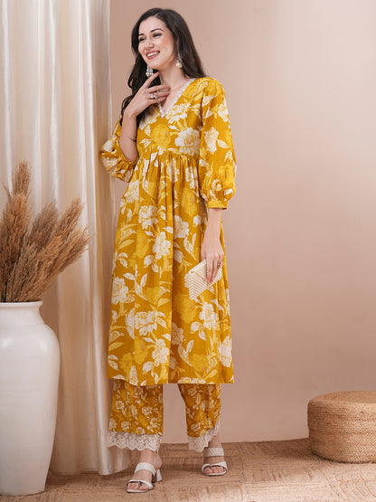 Abstract Floral Printed A-Line Pleated Kurta with Palazzo - Mustard