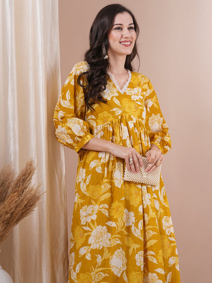 Abstract Floral Printed A-Line Pleated Kurta with Palazzo - Mustard