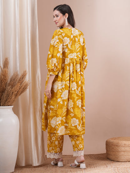 Abstract Floral Printed A-Line Pleated Kurta with Palazzo - Mustard