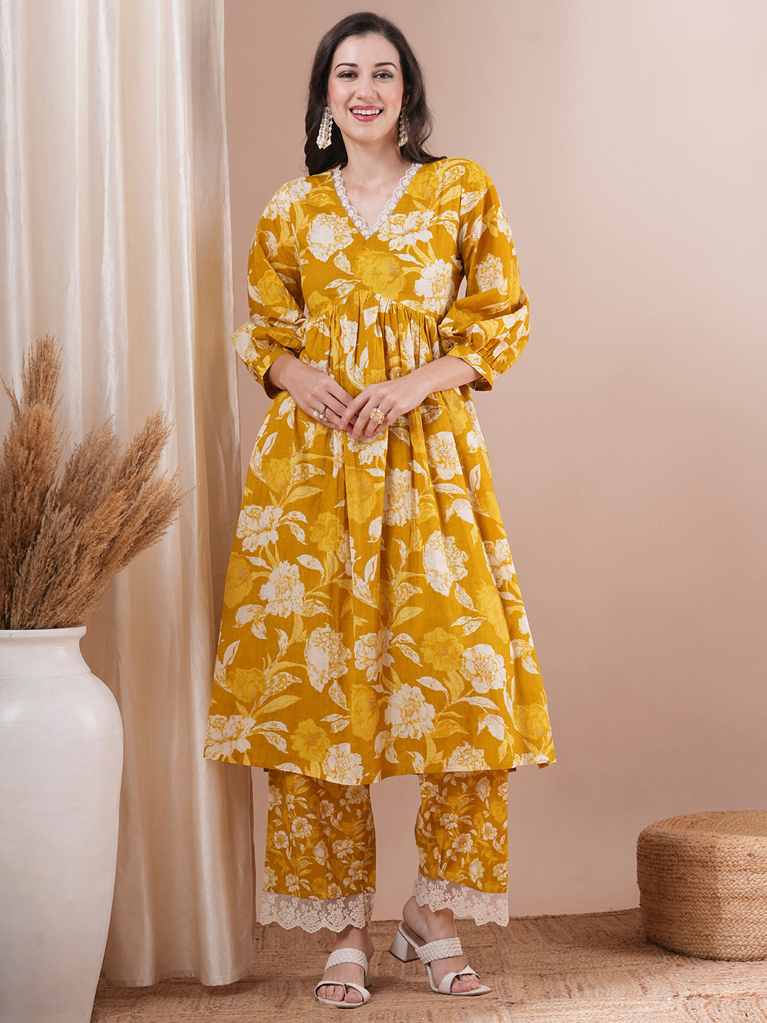 Abstract Floral Printed A-Line Pleated Kurta with Palazzo - Mustard