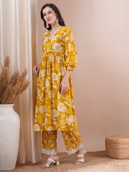 Abstract Floral Printed A-Line Pleated Kurta with Palazzo - Mustard