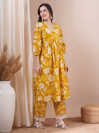 Abstract Floral Printed A-Line Pleated Kurta with Palazzo - Mustard