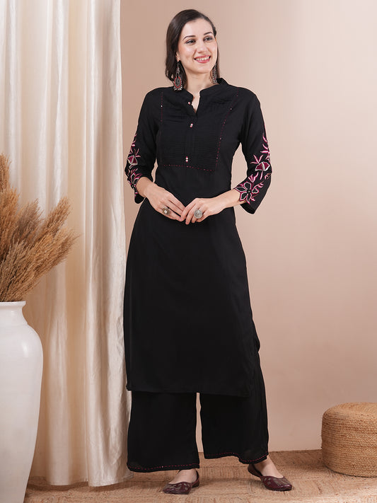 Solid Floral Embroidered Straight Fit Co-ord Set - Black