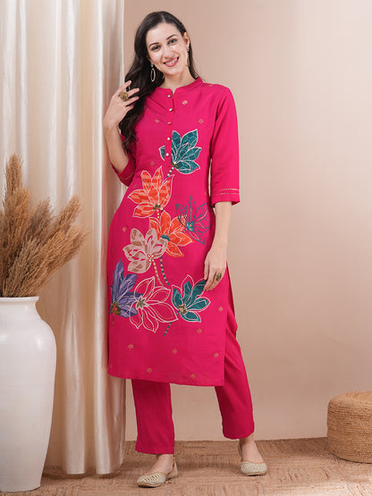 Abstract Floral Foil Printed Straight Fit Kurta with Pant - Pink