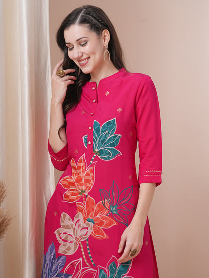 Abstract Floral Foil Printed Straight Fit Kurta with Pant - Pink