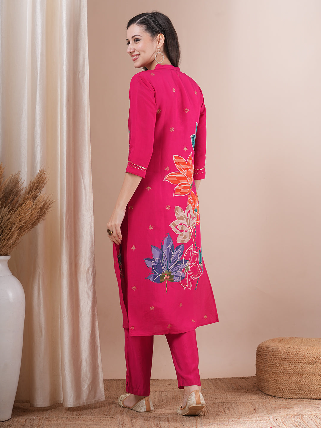 Abstract Floral Foil Printed Straight Fit Kurta with Pant - Pink