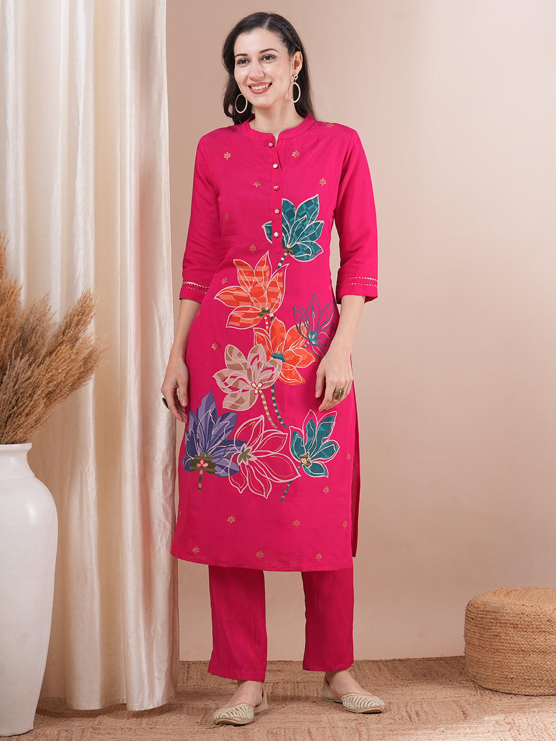 Abstract Floral Foil Printed Straight Fit Kurta with Pant - Pink